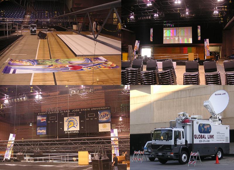 13 - Event Center Setup.jpg - The San Jose State University Event Center is being set up in preparation for Sunday worship.  This was one of two places of worship that day; satellite communication between the two made it possible for one preacher to address both venues.